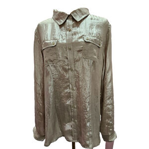 Calvin Klein Women Gold Champagne Long Sleeve Blouse Large L Roll‎ Tab Shimmery